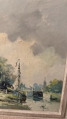 DUTCH CANAL SCENE ORIGINAL OIL ON CANVAS LANDSCAPE PAINTING F. ROBERTS