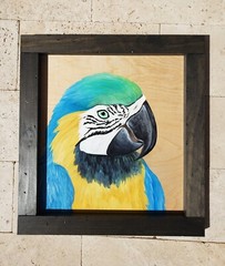 Tropical bird painting on wood panel blue and yellow macaw beach house decor