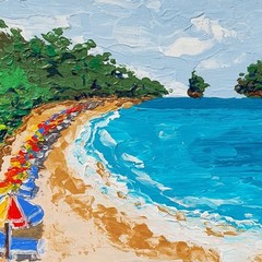 Beach Umbrellas Painting Seascape Ocean Shore Coastal Art Summer Wall Decor 6×8