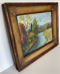 c1954 European Oil on Canvas Fall Landscape River, Stretcher 18″ x 15″