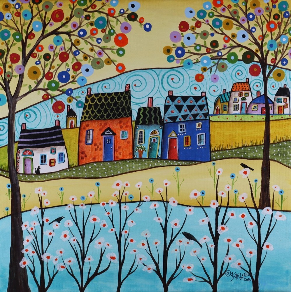 YELLOW THURSDAY 12x12x3/4 inch ORIG CANVAS PAINTING whimsical Karla Gerard