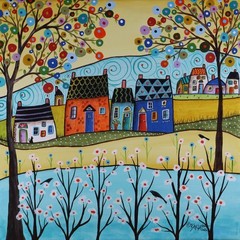 YELLOW THURSDAY 12x12x3/4 inch ORIG CANVAS PAINTING whimsical Karla Gerard