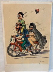335: SIGNED & ORIG 1975 Hayro Avo Watercolor Middle Eastern Family on Motorcycle
