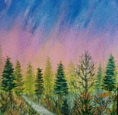 4”x4” Original Watercolor Painting, Northern Lights Landscape
