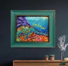 Original Underwater Coral Reef Framed Painting/Tropical ocean Water Art/12 X 14