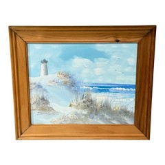 Vintage Seascape Oil Painting Signed Lighthouse Beach Waves Coastal Art Framed