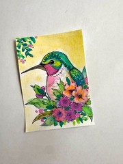 Hummingbird Among Blossoms ACEO Original Watercolor Painting OOAK Art AdriO
