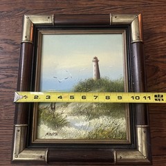 VTG Coastal Lighthouse Textured Beach Scene Oil Painting Wood Brass Frame Newton