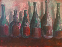 Vintage Original Still Life Painting of Bottles oil canvas OOAK Signed Thompson