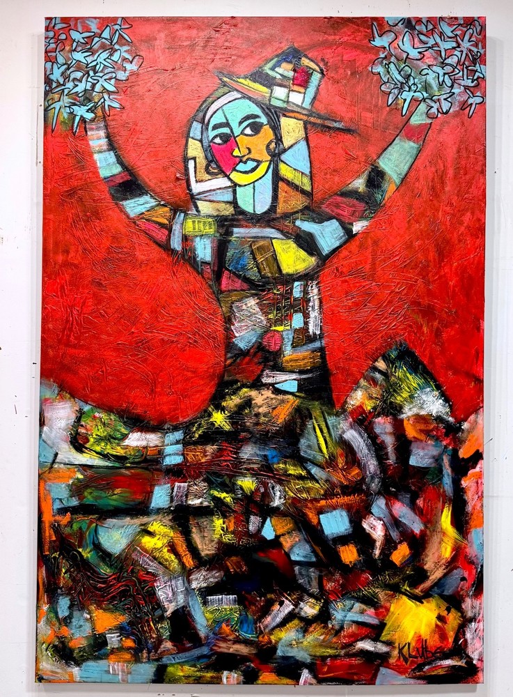 Listed Artist Karl Lubbering Original Oil Painting „Chica Cheerleader“ 4ft x 6ft