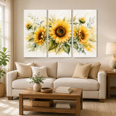 Watercolor Sunflower Triptych Canvas Wall Art 3 Panel Floral Farmhouse Decor