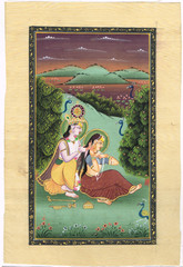 Indian Painting Of Radha Krishna Hindu Religious Art On Silk Cloth 8×11.5Inches