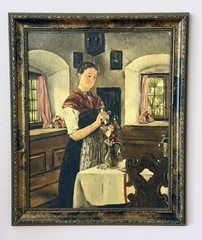 Early 1900s ORIGINAL European SIGNED ‚KS‘ Rural Interior Genre Scene Oil FRAMED