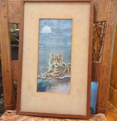 Vtg Japanese Tiger Silk Painting Signed Kawatō Bin Moon Nihonga Showa Art