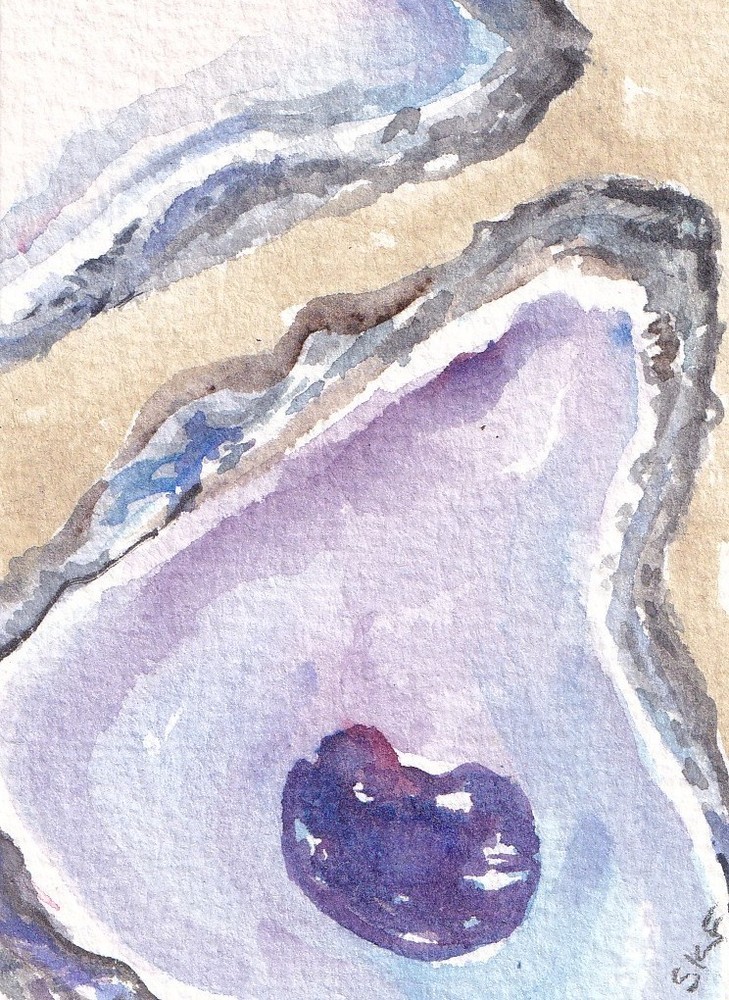 Original ACEO Oyster & Seashell Watercolor Painting – Mini Ocean Art