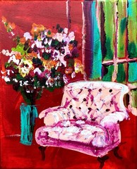 TITA PAINTZ Pink Tufted Chair With Flowers Hand Painted Wall Art 8×10 Canvas