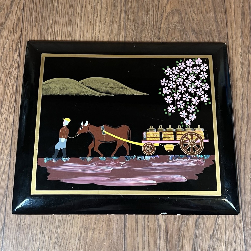 Japanese Asian Lacquer + Inlay Art Ox Pulling Cart Countryside Vintage