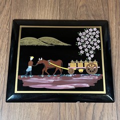 Japanese Asian Lacquer + Inlay Art Ox Pulling Cart Countryside Vintage