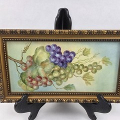 Vintage Original Still Life Oil Painting Grapes Tile Ornate Gold Frame Signed