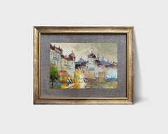 Oil painting Evening in city Ukrainian painter Canvas Framed original cityscape