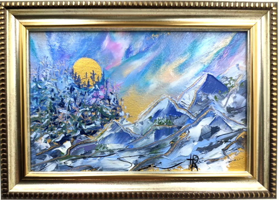 Original Oil Painting 6×4 in Framed Signed Gold Winter Landscape Impasto Art