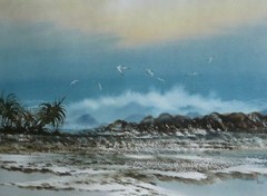 MYSTERY ARTIST ?? HAWAII COASTAL SEASCAPE OCEAN ROCKY SHORELINE SHORE BIRD BIRDS