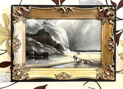 Vintage Antique Oil Board Seascape Fishermen Painting Gilt Gesso Wood Frame Old