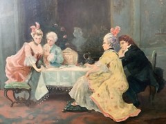GALLANT SCENE IN THE CASTLE LOUNGE – FRENCH ROCOCO STYLE – OIL WOOD PANEL SIGNED