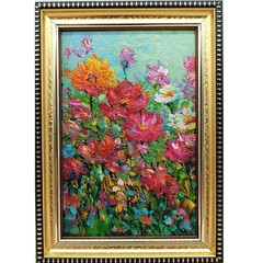Original Oil Painting Summer Landscape Wildflowers Red Poppies Signed 4×6