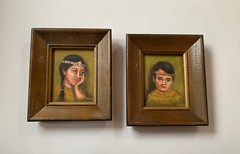 Native American Portrait Painting Pair Children Vintage Boy And Girl By M. Brown