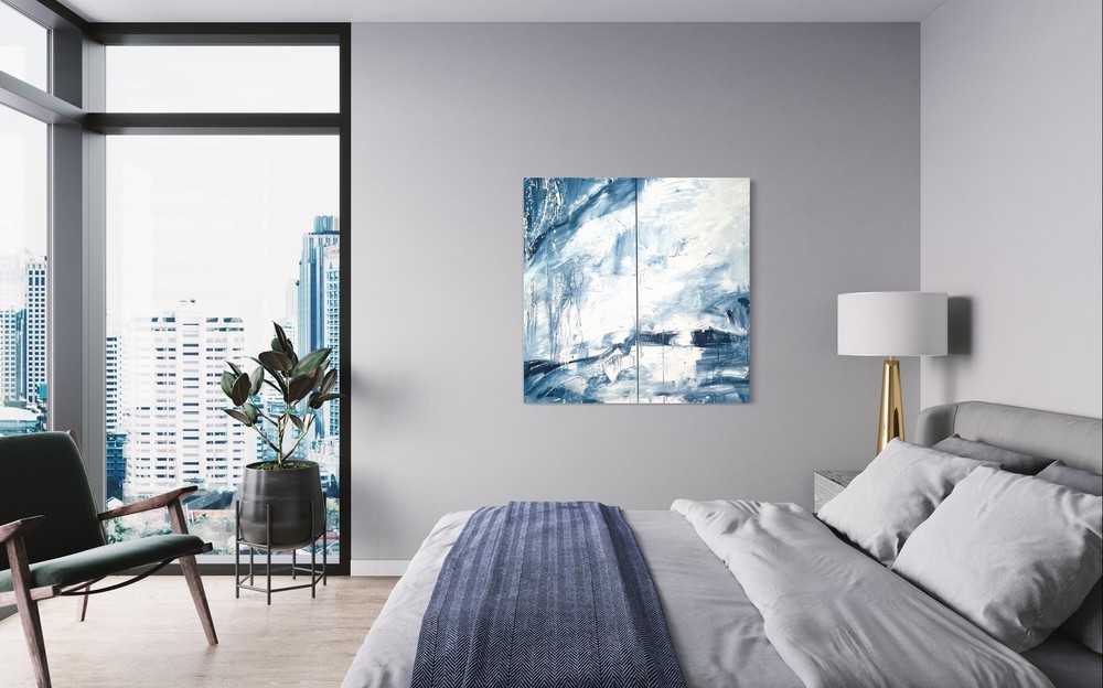 Huge Modern Abstract Expressionism Painting Waves Blue White Coastal Artist Art