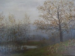 Oil Painting Autumn Landscape Water Lake Flock of Sheep Signed: J. Kornbeck 1839-1920
