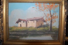 VINTAGE 1940-50’S FRAMED ORIGINAL OIL RUSTIC HOUSE AND RIVER SCENE ARTIST: FARID