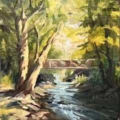 Delander Art, “River Bridge ” Original Oil Landscape Spring Colors 6×6 Canvas