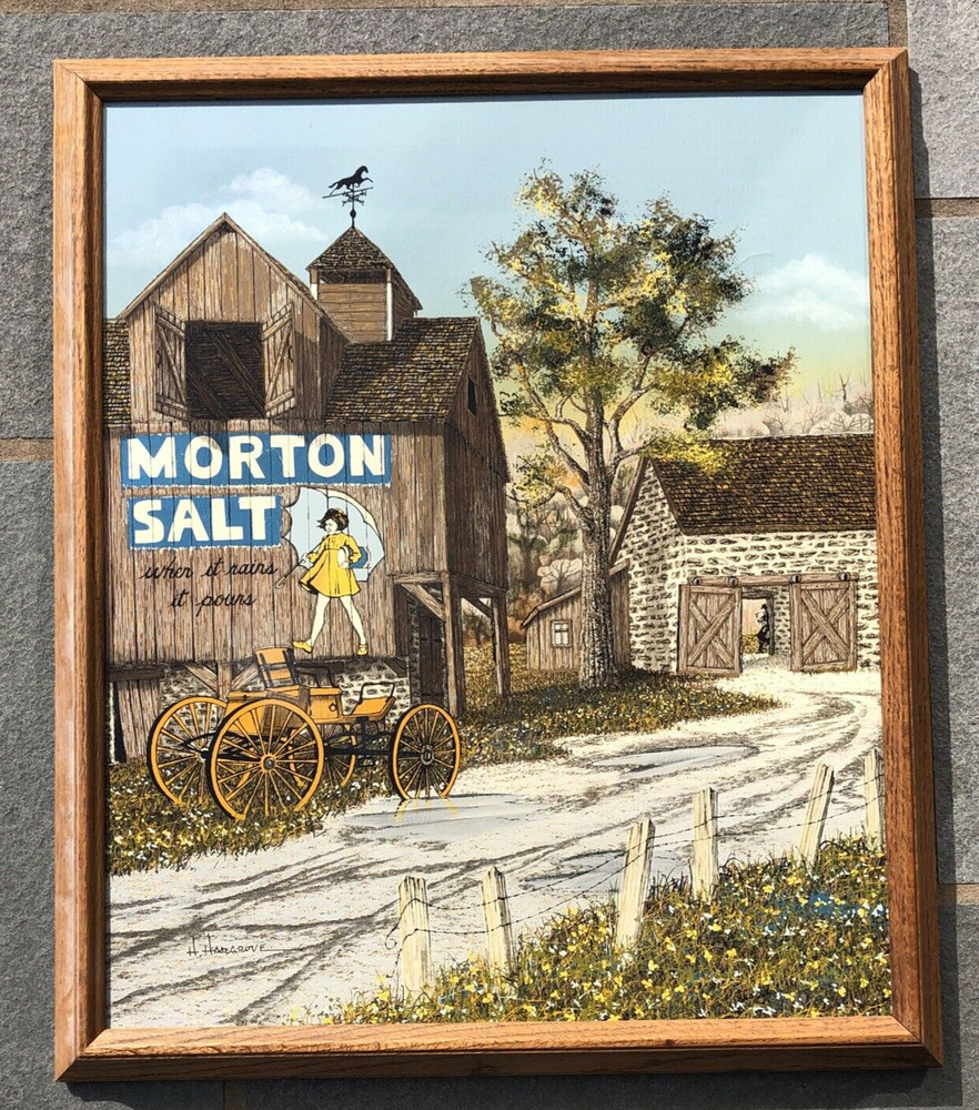 Vintage Morton Salt Girl Barn Country Painting Picture Art Canvas Hargrove Frame
