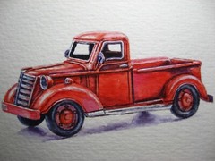 Watercolor Painting Red Pickup Truck Retro Car ACEO Art