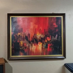 Framed Abstract Cityscape Painting Wall Art – Red Orange Black