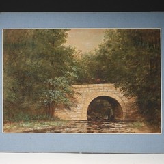 C.1900 Signed Petersen Men Fishing Under Bridge Impressionist WC Painting