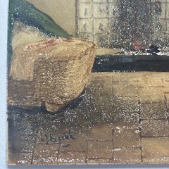 Antique Original Old Oil Painting Porcelain Tile -Family Hearth -Signed, 1868