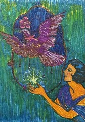 Original Hand Painted ACEO Fantasy Bird & Woman Miniature Glitter Pen OOAK