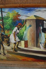 VTG 1969 FRAMED ORIGINAL HAITIAN FOLK ART WOMEN AT WELL ARTIST: FRITZNER DELUY