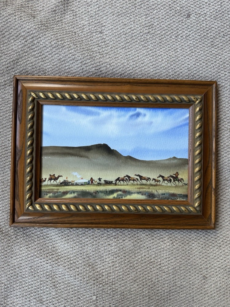 Damba Tsolmon – Original Framed Watercolor Horses and Yurt – Mongolian Art -2002