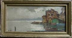 Italy Coast Mediterranean Fortress At Shore Signed Oil Painting Port Evening Sun