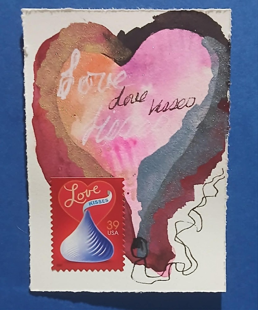 Postal Whimsy™ Hershey Kisses Love Stamp Card #2 OOAK Watercolor Heart Giftable