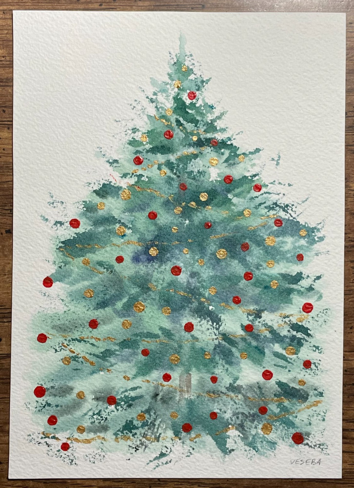 Original Watercolor Abstract Painting Christmas tree – 5×7 inches – NEW