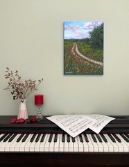 Original Country Path Oil Painting Poppy Meadow Flowers Rural Field Wall Art