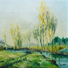 Miniature Landscape Oil Painting Tall Aspen Trees Along Stream O/C Unframed 10×8