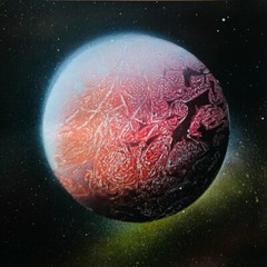 Red Cosmic Ember- Handcrafted Spray Painted Planet Art on Paper