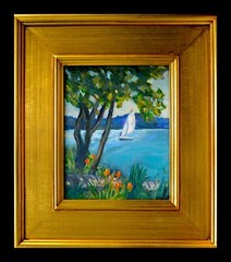 Spirit Sailing Summer Original Oil Painting Flowers Trees Blues Lake