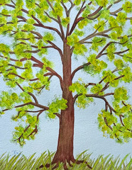 PAINTING WATERCOLOR 11X14 & MAT 16X20 TREE LANDSCAPE GREEN YELLOW ORIGINAL ART